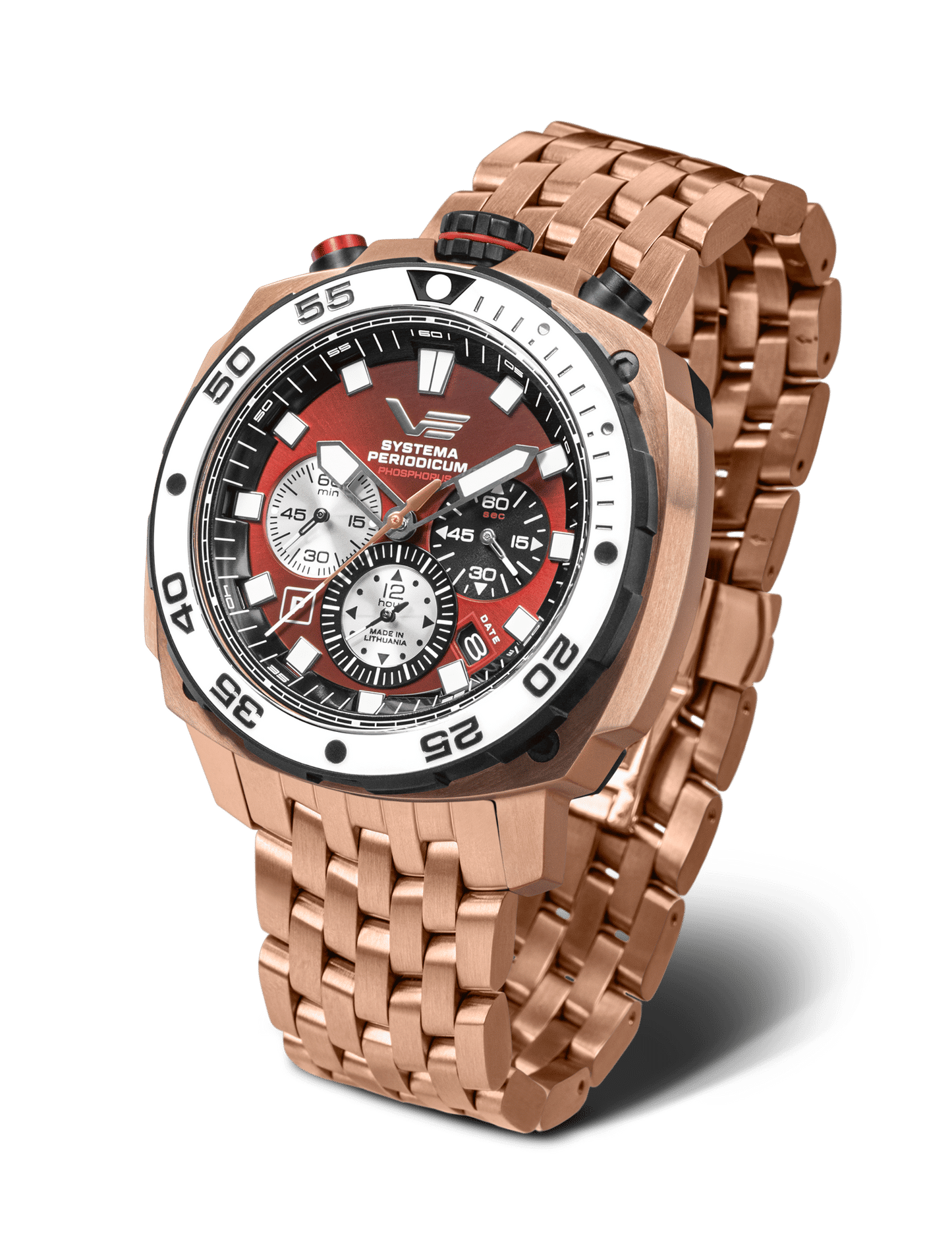 Vostok Europe herrklocka med metallarmband, runt boett, röd urtavla