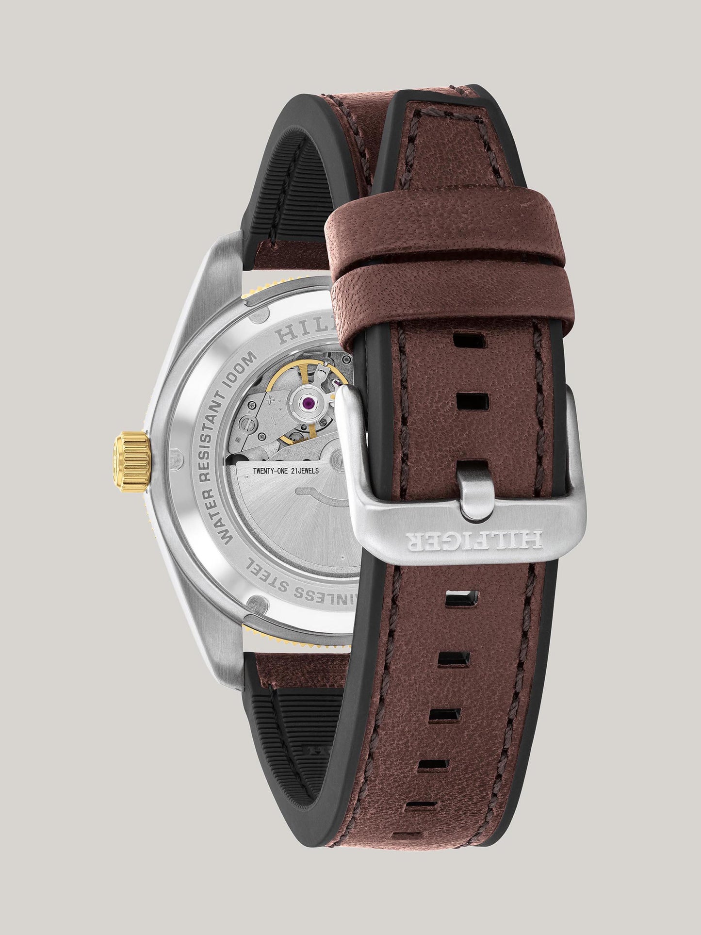 Automatikuhr in Seitenansicht: braunes Lederarmband mit Dornschließe