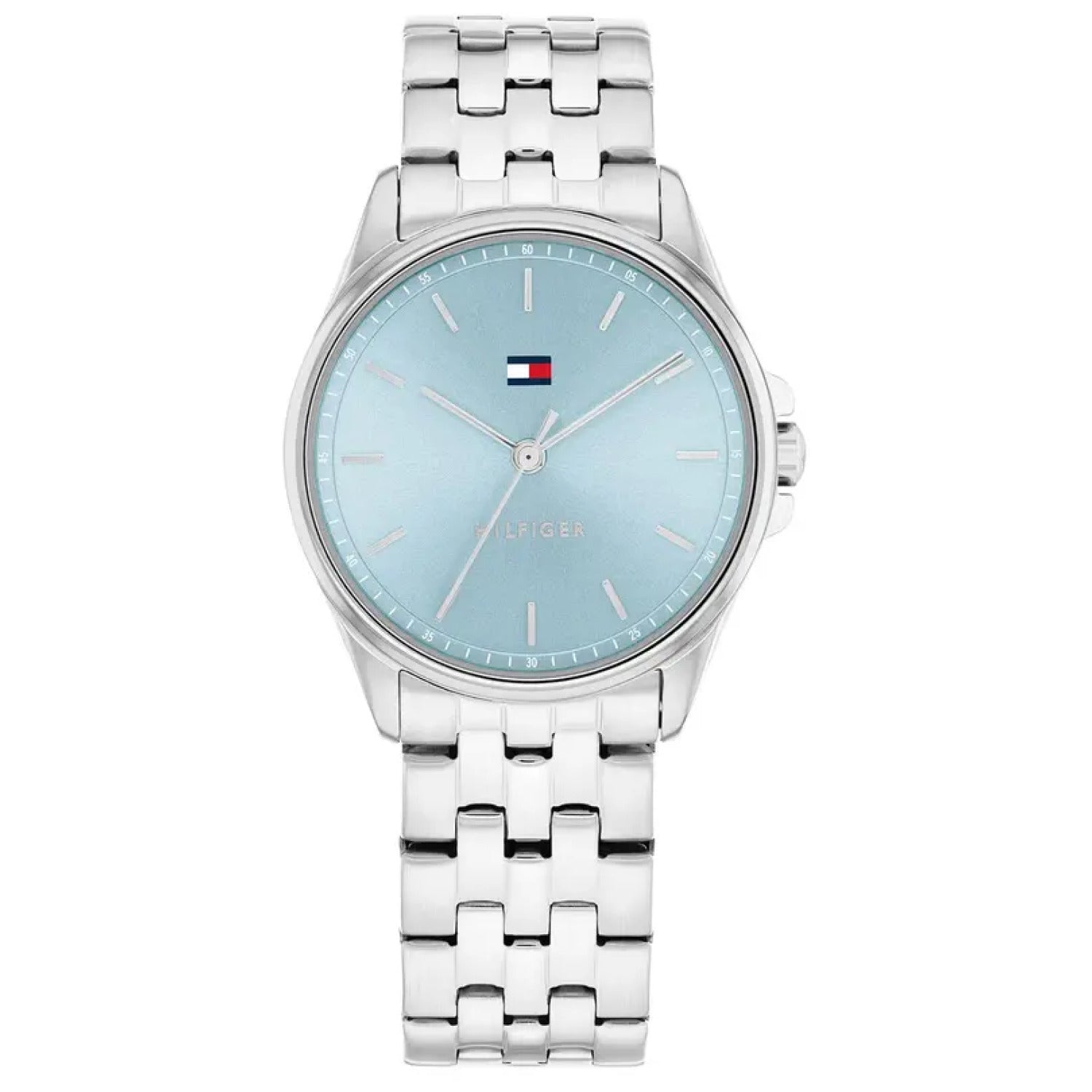 Tommy Hilfiger Damenarmbanduhr mit hellblauem Zifferblatt, Edelstahlband und Mineralglas
