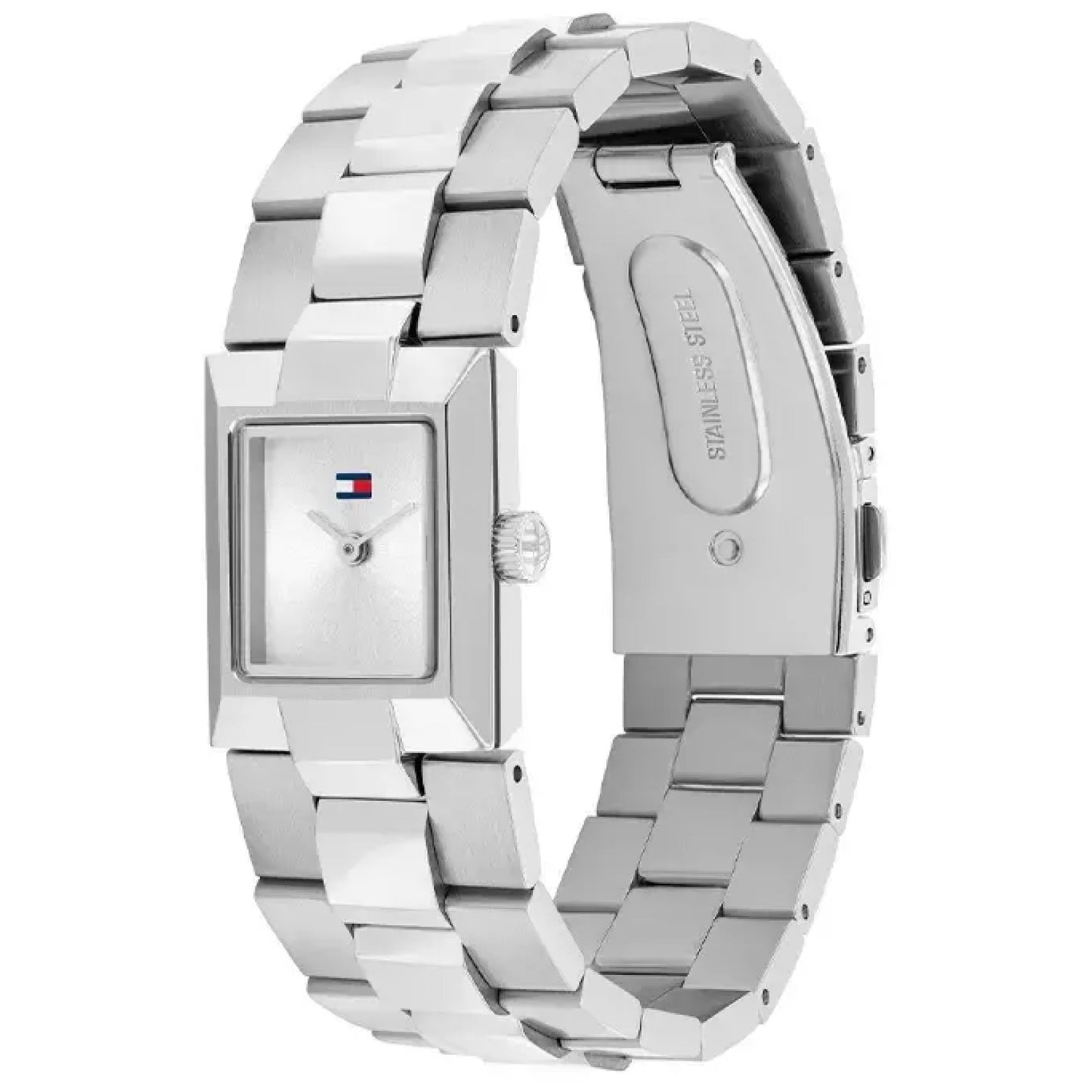 Eckige Silberarmbanduhr mit Edelstahlband, seitliche Ansicht mit Krone