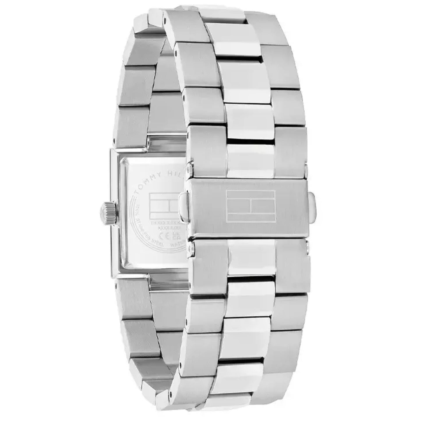 Rückansicht einer eckigen Silberarmbanduhr mit Edelstahlarmband und eingraviertem Gehäuse
