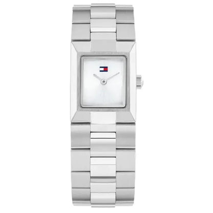 Tommy Hilfiger Damenarmbanduhr mit eckigem silberfarbenem Gehäuse, weißem Zifferblatt und Edelstahlband