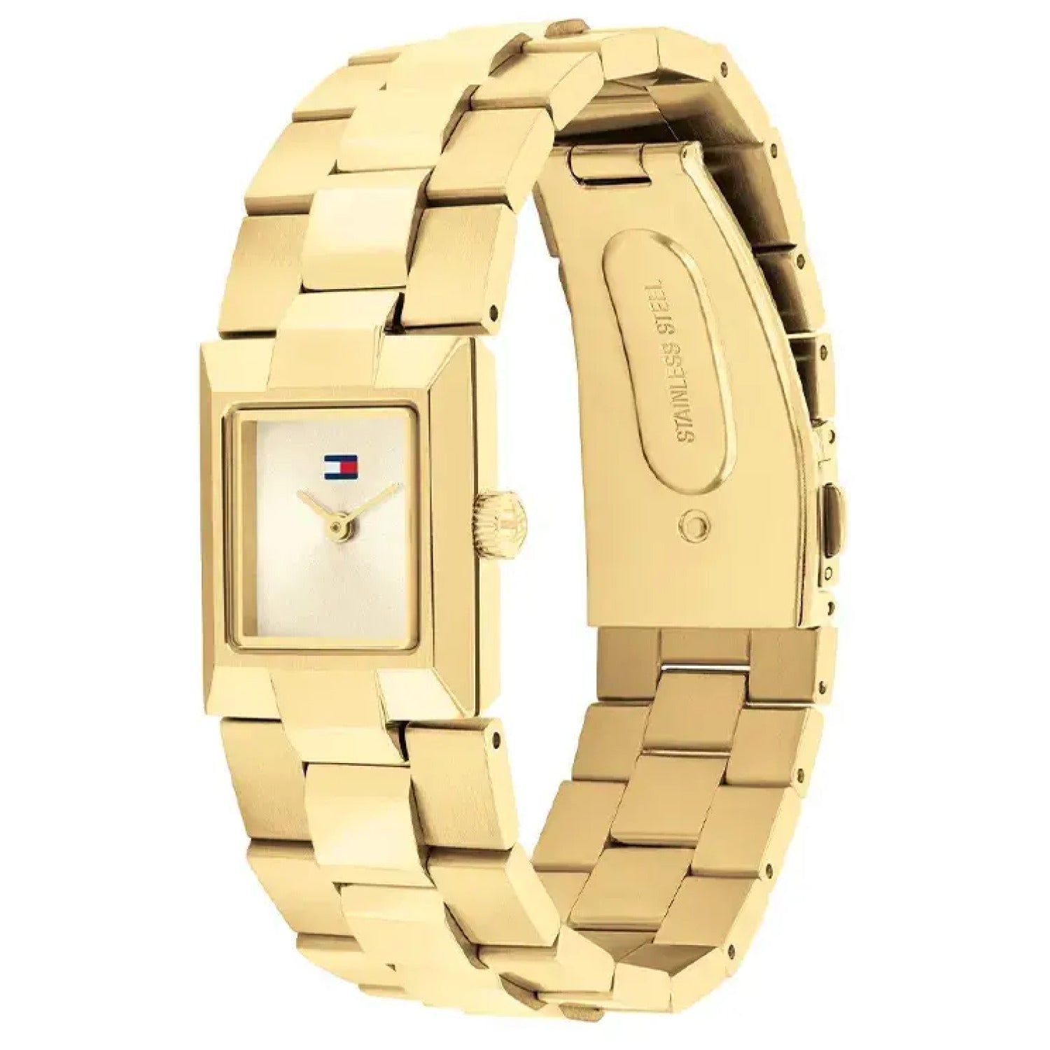 Goldfarbene Damen-Armbanduhr mit rechteckigem Zifferblatt und Gliederarmband