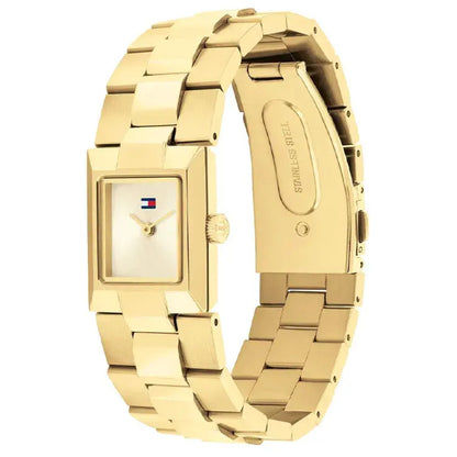 Goldfarbene Damen-Armbanduhr mit rechteckigem Zifferblatt und Gliederarmband