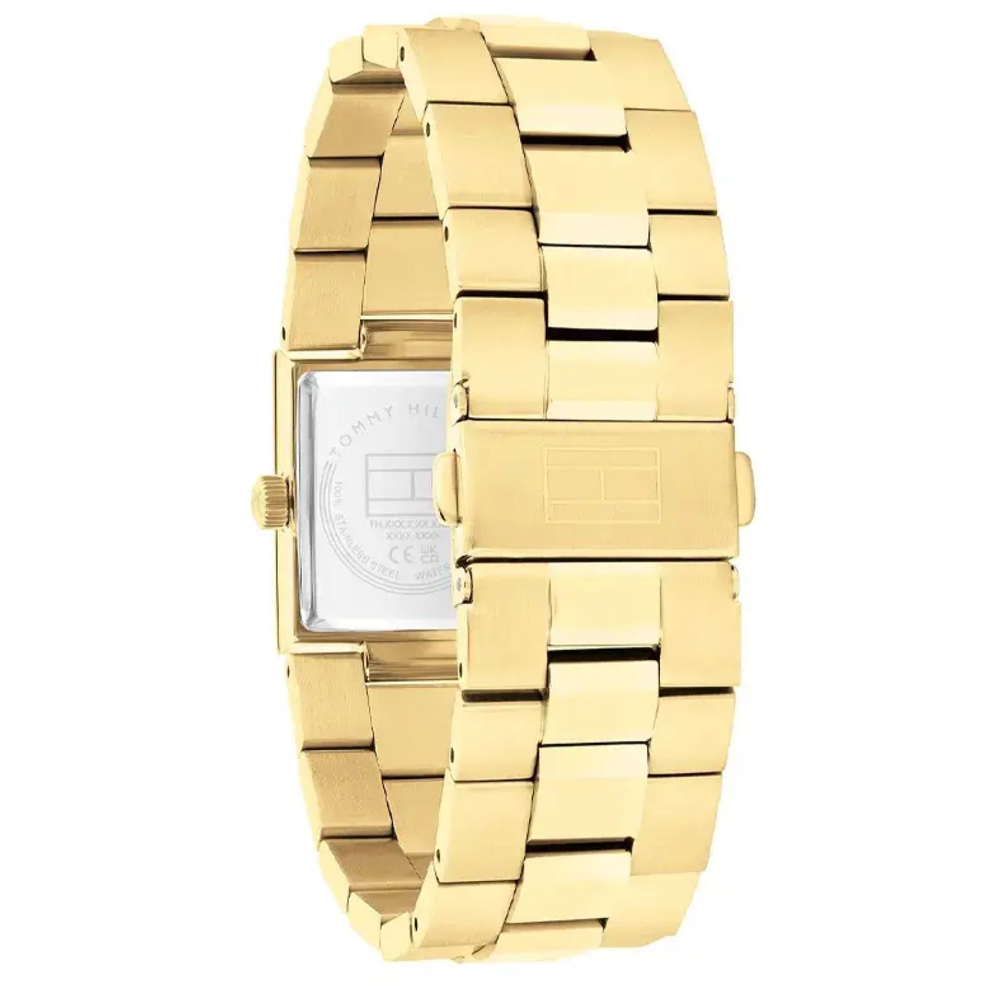 Goldfarbene Damen-Armbanduhr mit Metallarmband, Rückseite mit Prägung