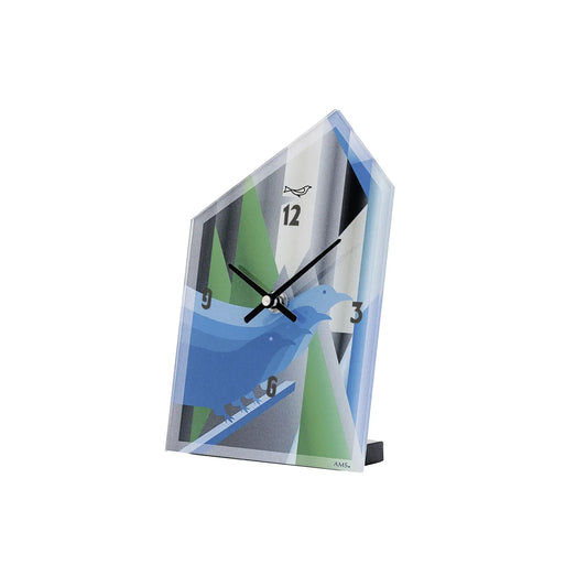 Horloge de table AMS T1253 bleue • Mouvement à quartz • Design oiseau avec verre acrylique