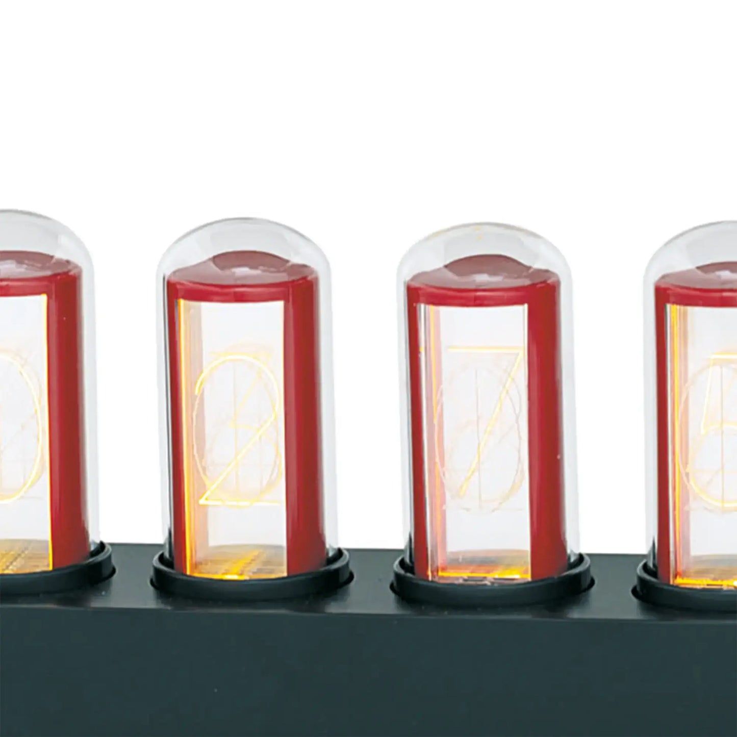 Horloge de table avec tubes en verre Nixie, quatre tubes rouges sur socle noir