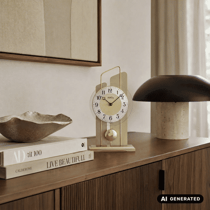 Zegar stołowy AMS Quarz T1259 z wahadłem • Obudowa drewniana z mosiądzem • Aluminiowa tarcza