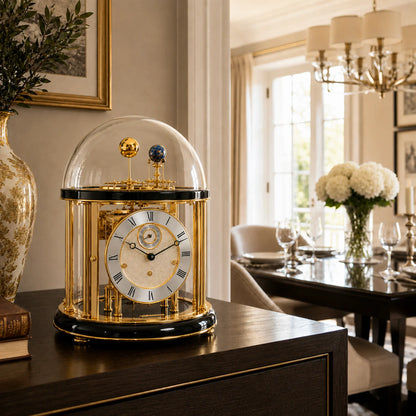 Tischuhr mit Glaskuppel auf Sideboard, goldfarbenes Gehäuse, weißes Ziffernblatt mit römischen Zahlen