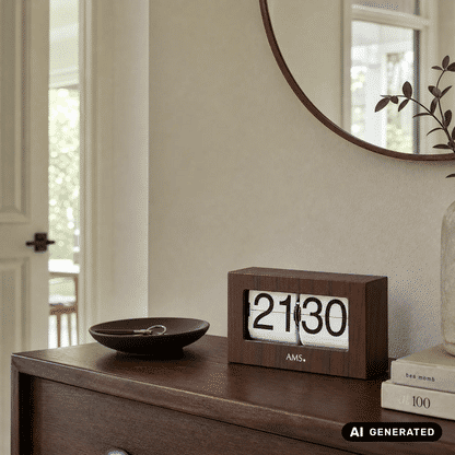 AMS Retro T1177 Zegar stołowy / Flip Clock • Wyświetlacz z klapkami • Metal i dekor orzecha włoskiego