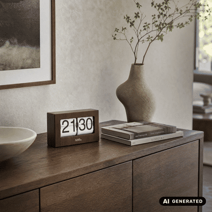 AMS Retro T1177 Zegar stołowy / Flip Clock • Wyświetlacz z klapkami • Metal i dekor orzecha włoskiego