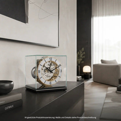Holz-Tischuhr in klarem Glasbox mit rundem Zifferblatt und sichtbarem Uhrwerk