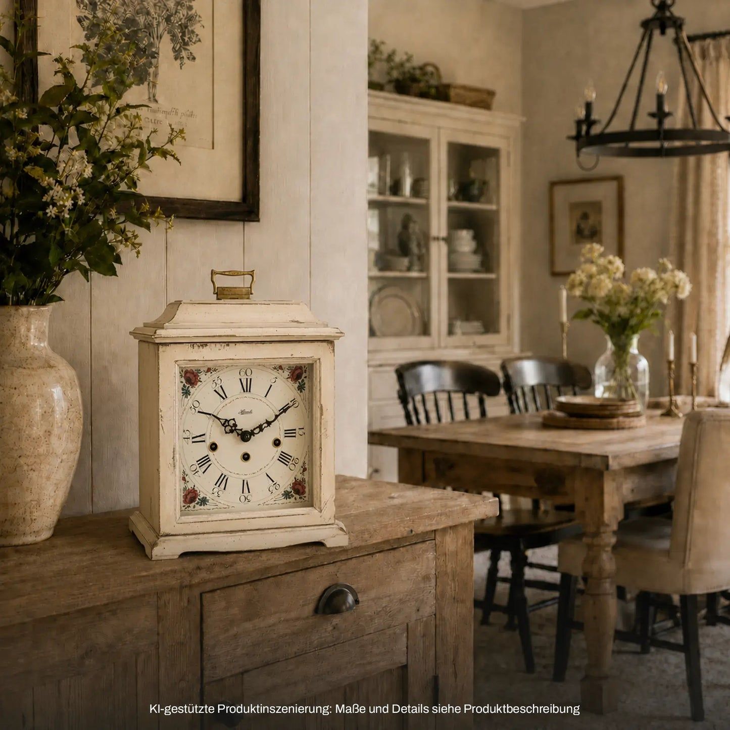 Holz-Tischuhr mit weißem Zifferblatt und dekorativer Bordüre, auf Sideboard