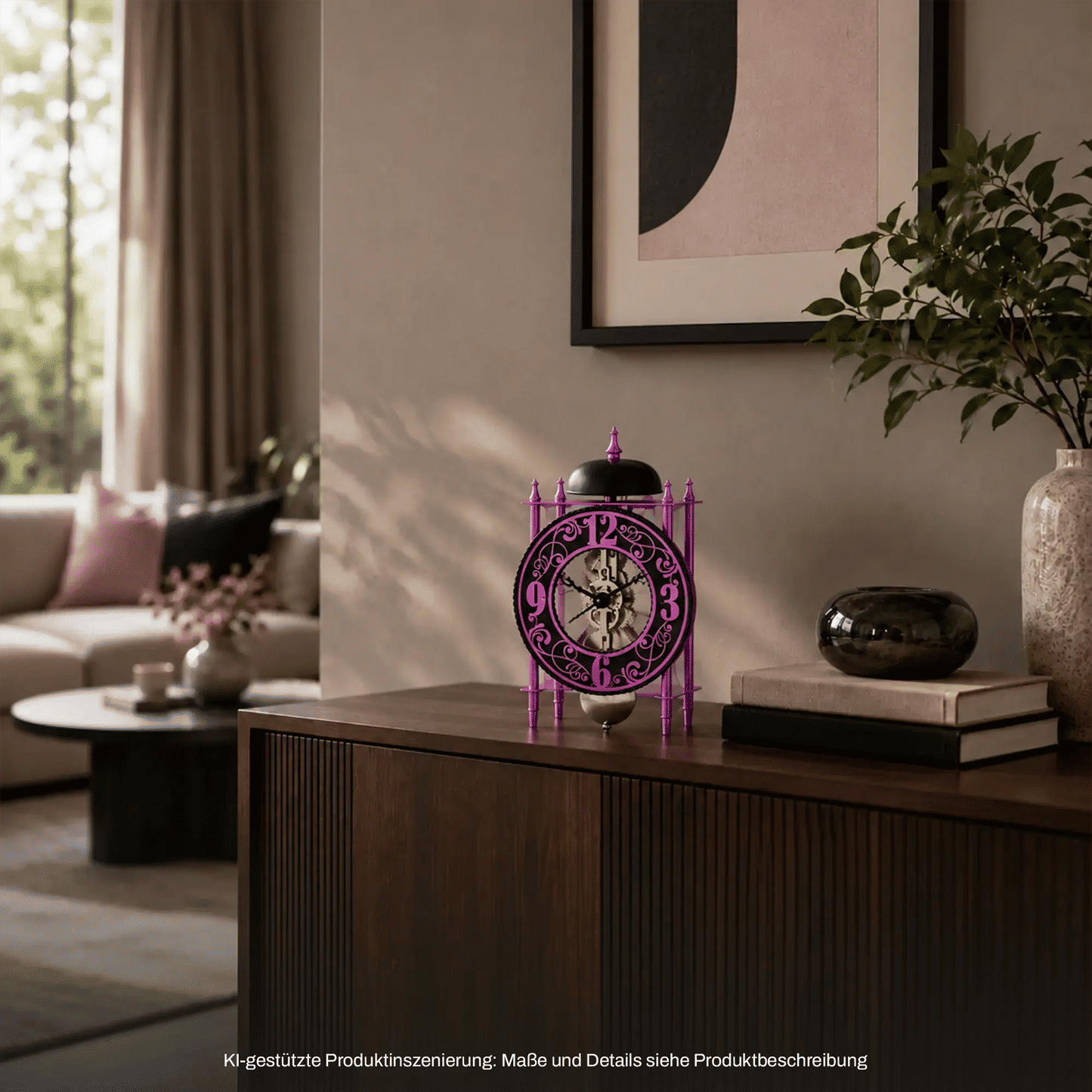 Hermle Tischuhr mit violettem Metallgehäuse und rundem Ziffernblatt
