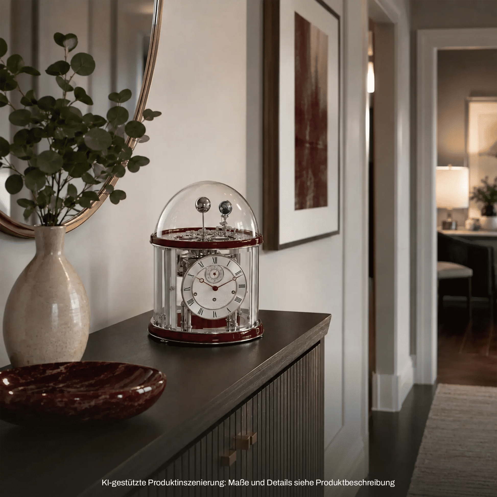 Hermle Tischuhr mit Glasdom und römischen Ziffern, Metallgehäuse auf Kommode