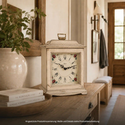 Holz-Tischuhr im Vintage-Look mit Glasfront, weißem Zifferblatt und schwarzen römischen Ziffern