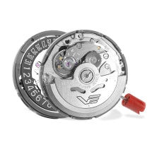 Mechanische Herrenarmbanduhr mit geöffnetem Gehäuse, sichtbarem Uhrwerk und roter Krone