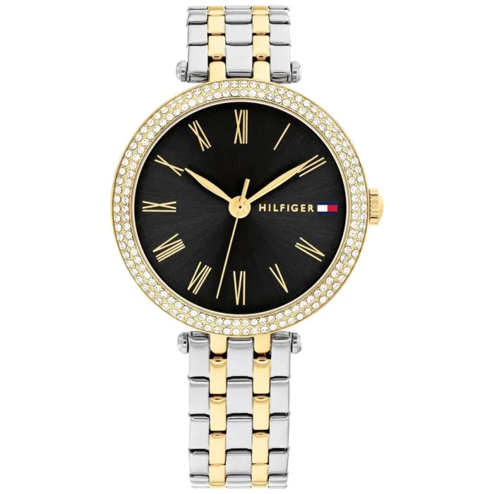 Damenarmbanduhr mit silber-goldfarbenem Metallarmband, schwarzem Zifferblatt und Strass-Lünette