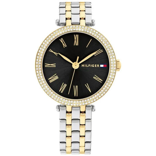 Damenarmbanduhr mit silber-goldfarbenem Metallarmband, schwarzem Zifferblatt und Strass-Lünette