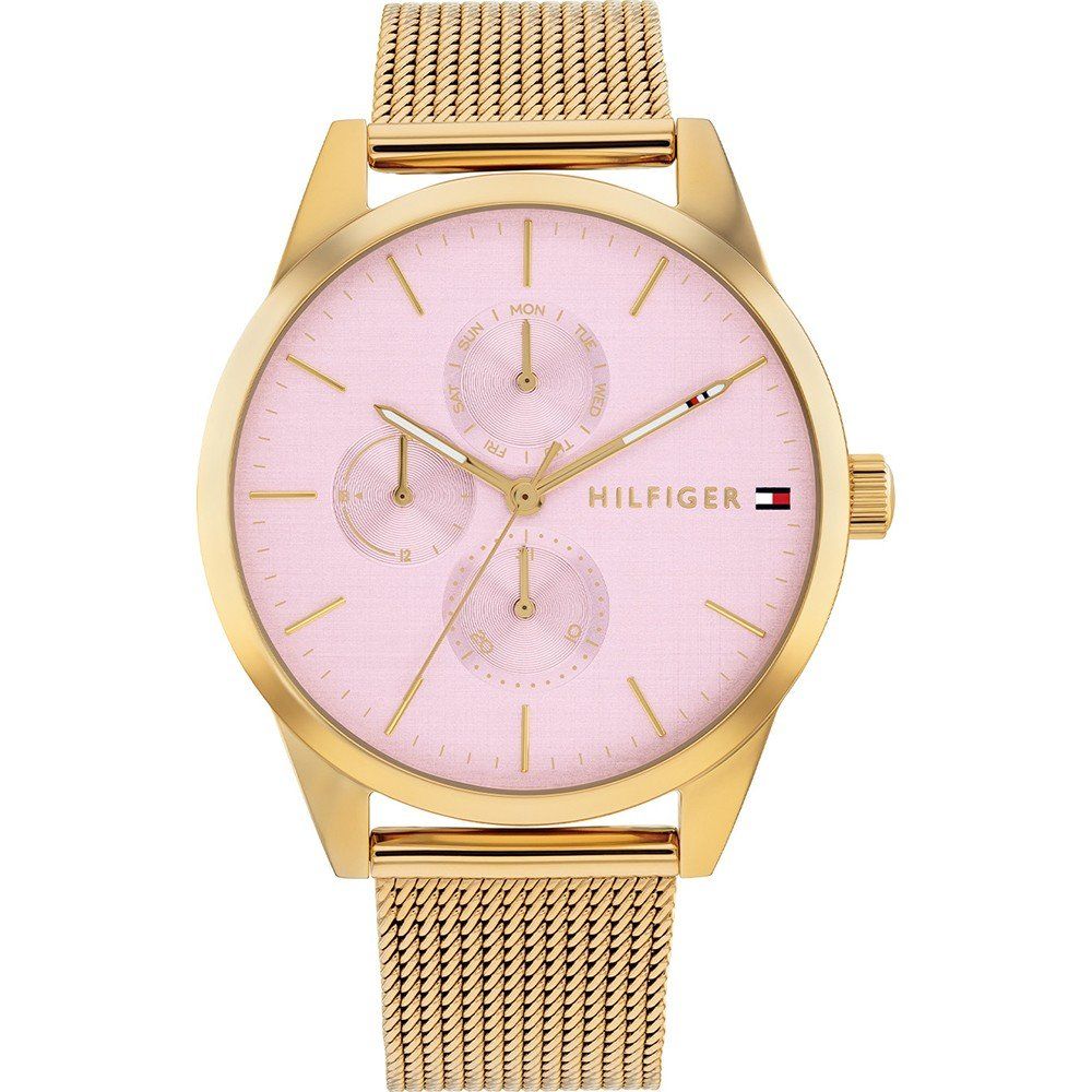 Tommy Hilfiger Damen-Armbanduhr, goldfarbenes Meshband, hellrosa Zifferblatt mit 3 Subdials
