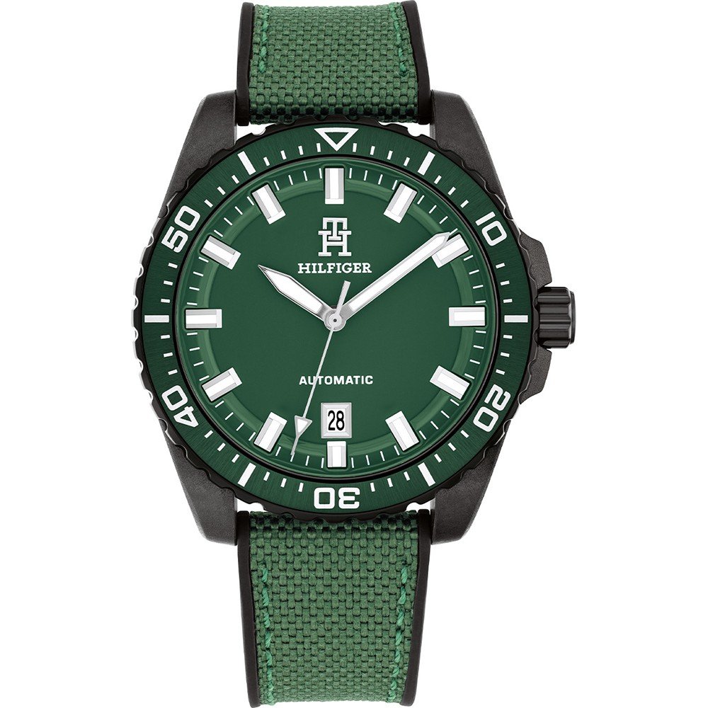 Tommy Hilfiger Damenarmbanduhr mit grünem Zifferblatt, schwarzer Lünette und grünem Textilarmband