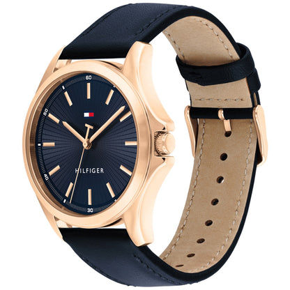 Tommy Hilfiger Herrenuhr, blaues Zifferblatt, Gehäuse in Roségoldoptik, schwarzes Lederband
