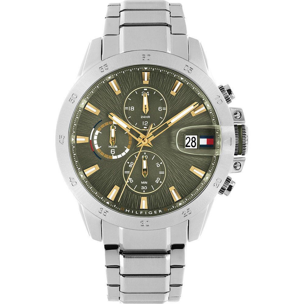 Herren-Armbanduhr mit grünem Zifferblatt, silbernem Metallarmband und GMT-Anzeige, Mineralglas