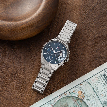 Herren-Chronograph-Uhr mit Open-Heart, blaues Zifferblatt, Edelstahlarmband