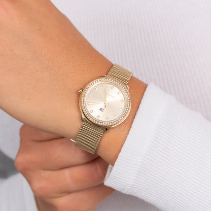 Damenarmbanduhr Tommy Hilfiger: goldfarbenes Milanaiseband, Pavé-Lünette, helles Zifferblatt