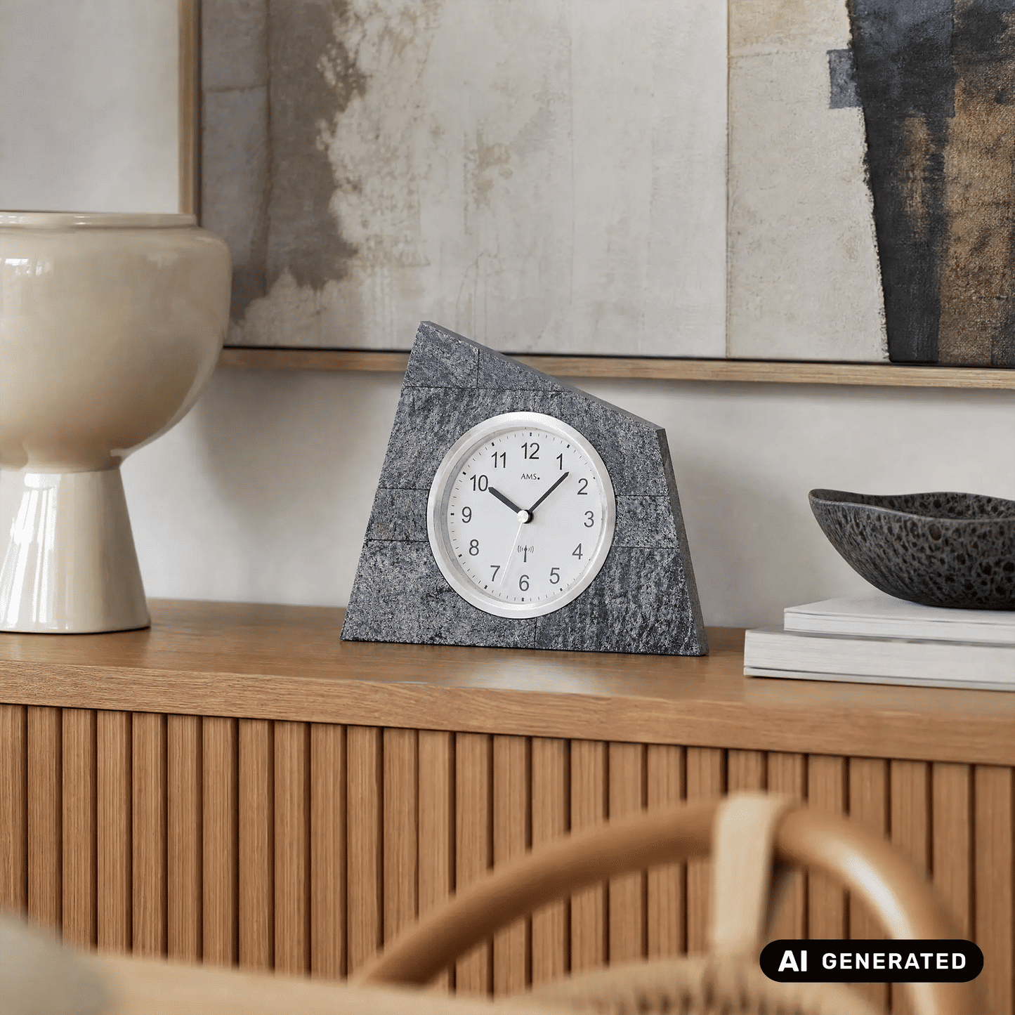 Horloge de table AMS F5176 en pierre naturelle • Radio-pilotée • Boîtier en bois avec revêtement en pierre