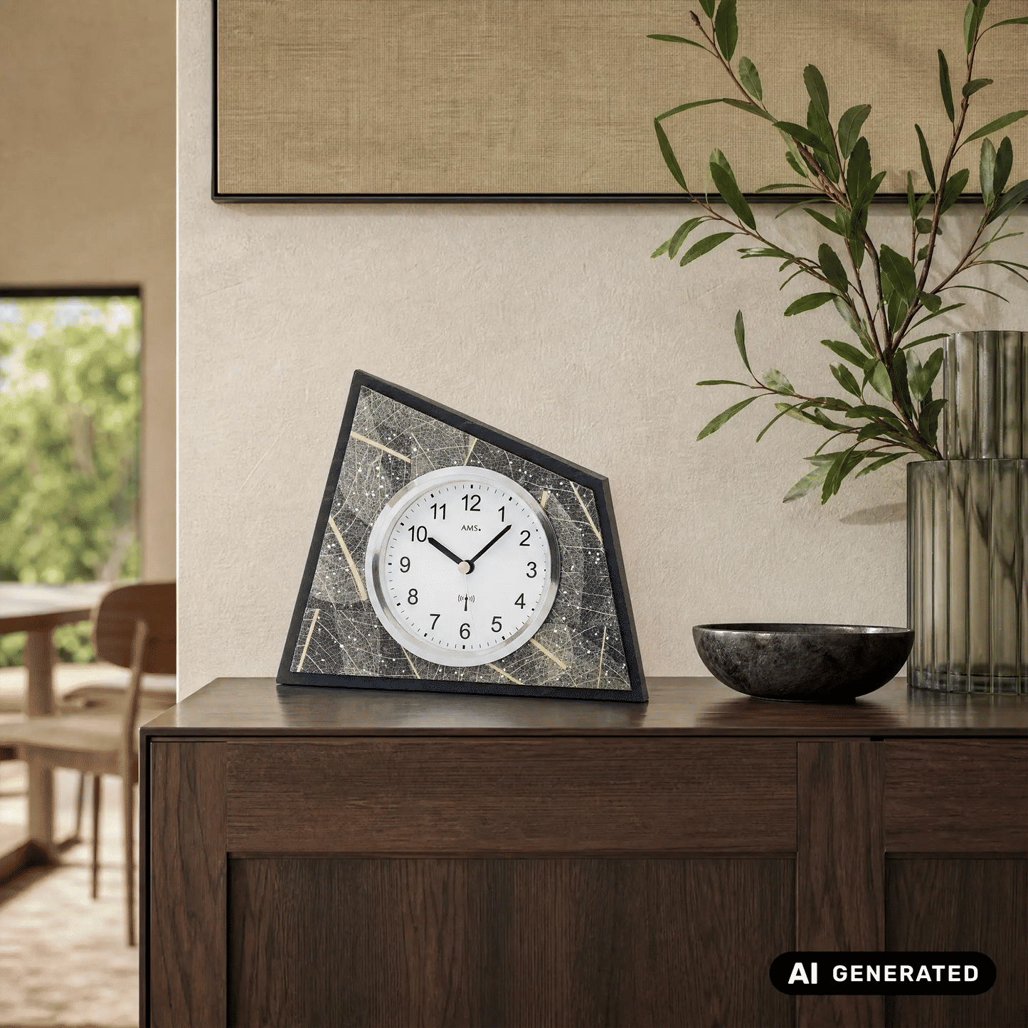 Horloge de table AMS F5177 feuille d'arbre naturelle • Radio-pilotée • Cristaux Swarovski