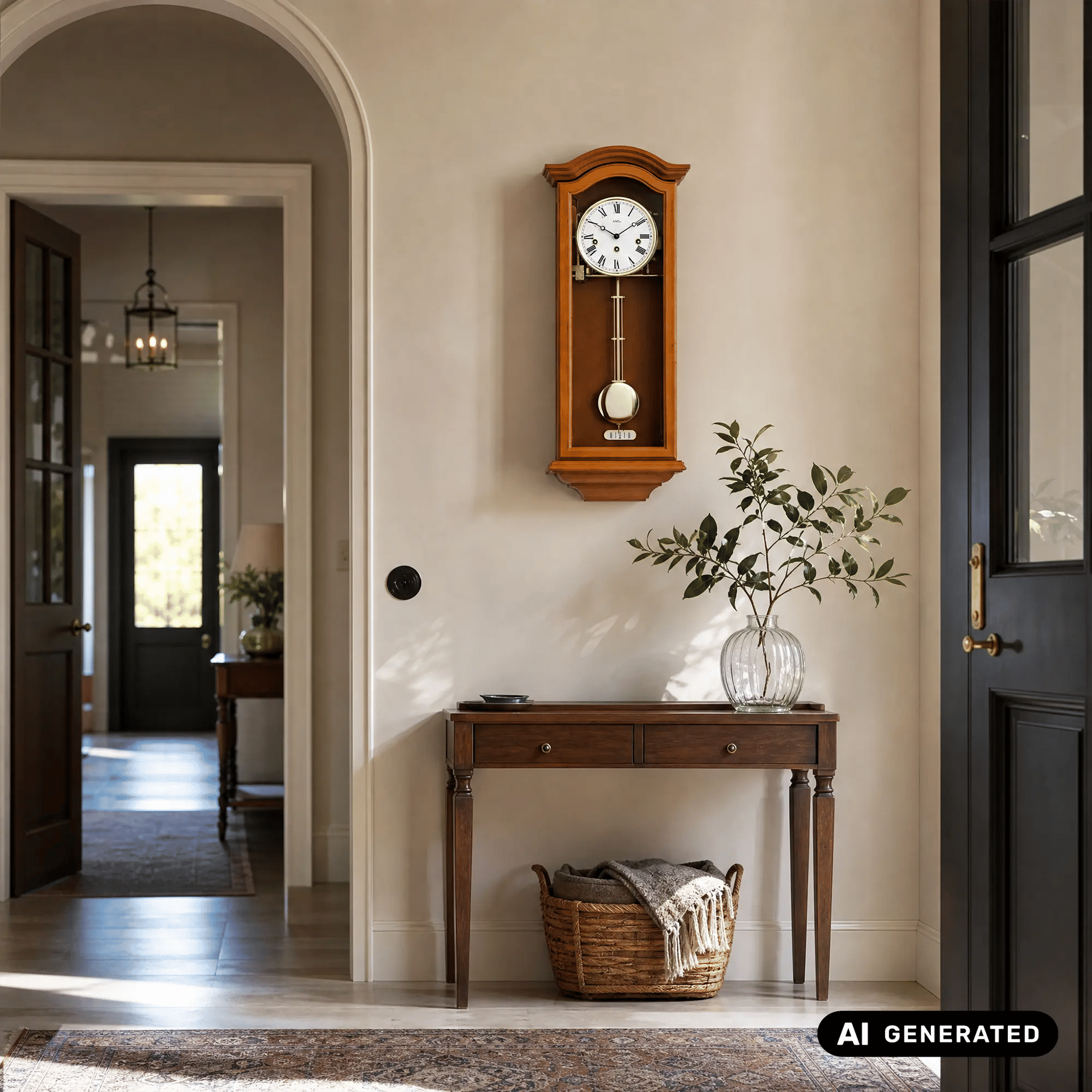 AMS Regulator-Wanduhr mit Holzgehäuse, Uhrzeiger im Zifferblatt und Pendel