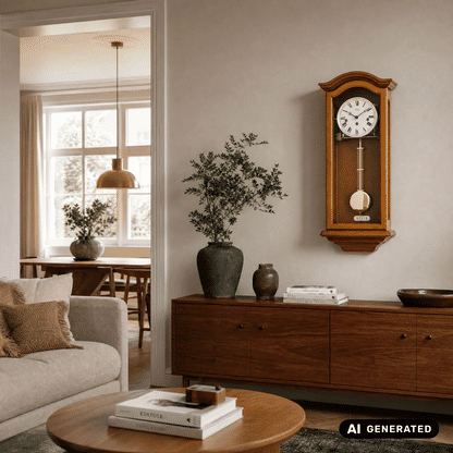 AMS Regulator-Wanduhr aus Holz mit rundem Pendel, geschlossenem Gehäuse und Zifferblatt