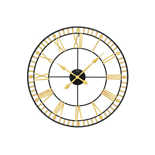 XXL-Wanduhr, rundes schwarzes Gehäuse mit goldenen Ziffernmarkierungen und drei Zeigern