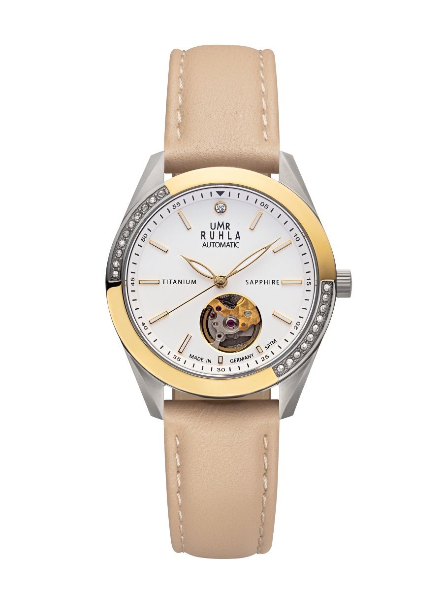 Montre pour femme bicolore avec bracelet en cuir beige, boîtier rond et cadran blanc
