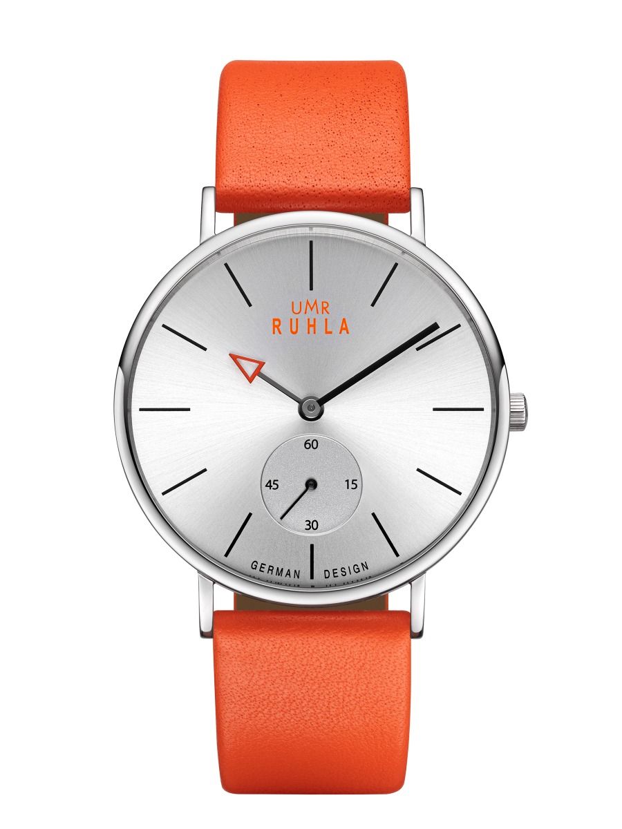 Montre-bracelet avec cadran argenté et bracelet en cuir orange, affichage analogique