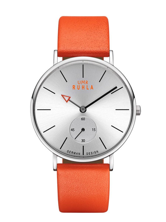 Montre-bracelet avec cadran argenté et bracelet en cuir orange, affichage analogique