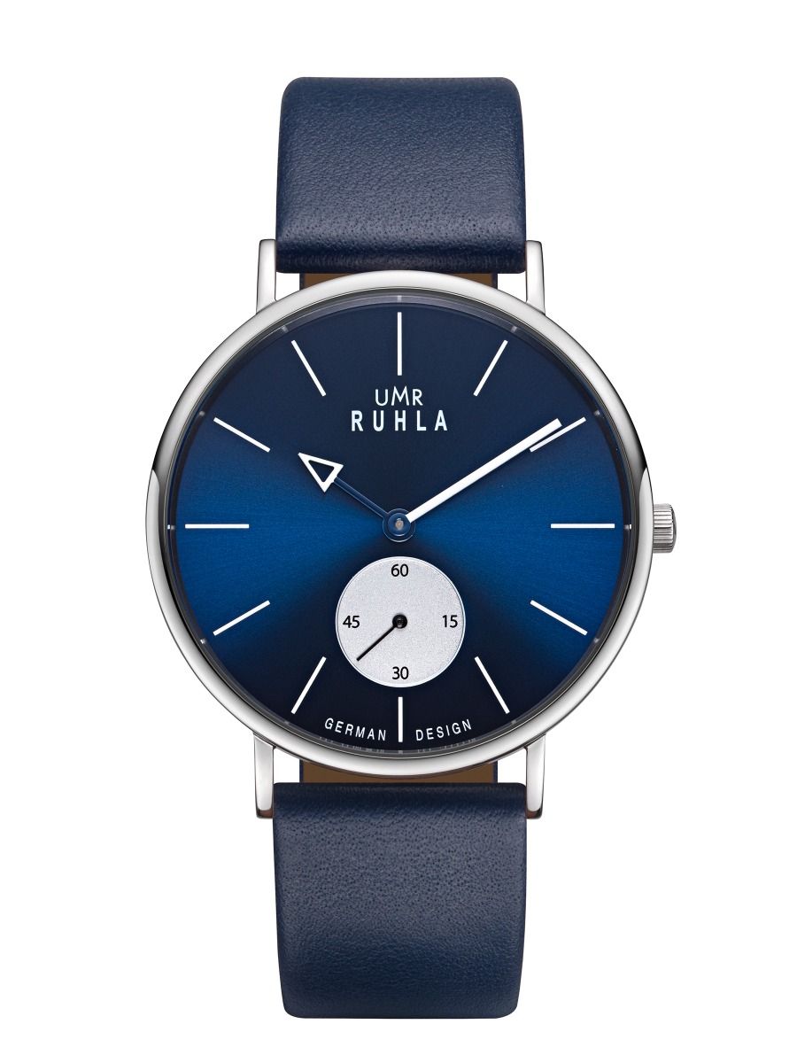 Montre-bracelet UMR Ruhla avec bracelet en cuir bleu foncé, cadran bleu et petite seconde