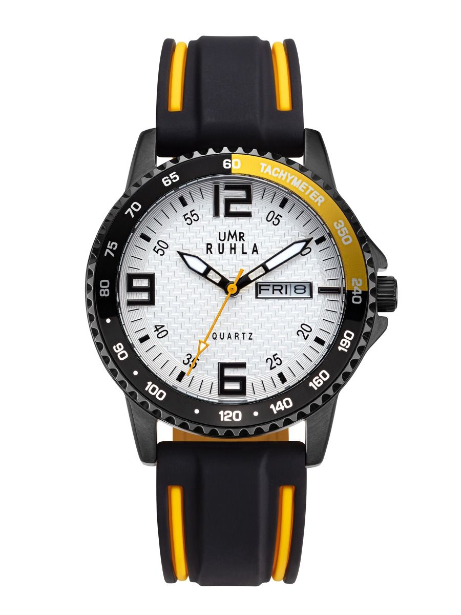Montre de sport : cadran noir, lunette tachymètre, date, accents jaunes, bracelet en caoutchouc
