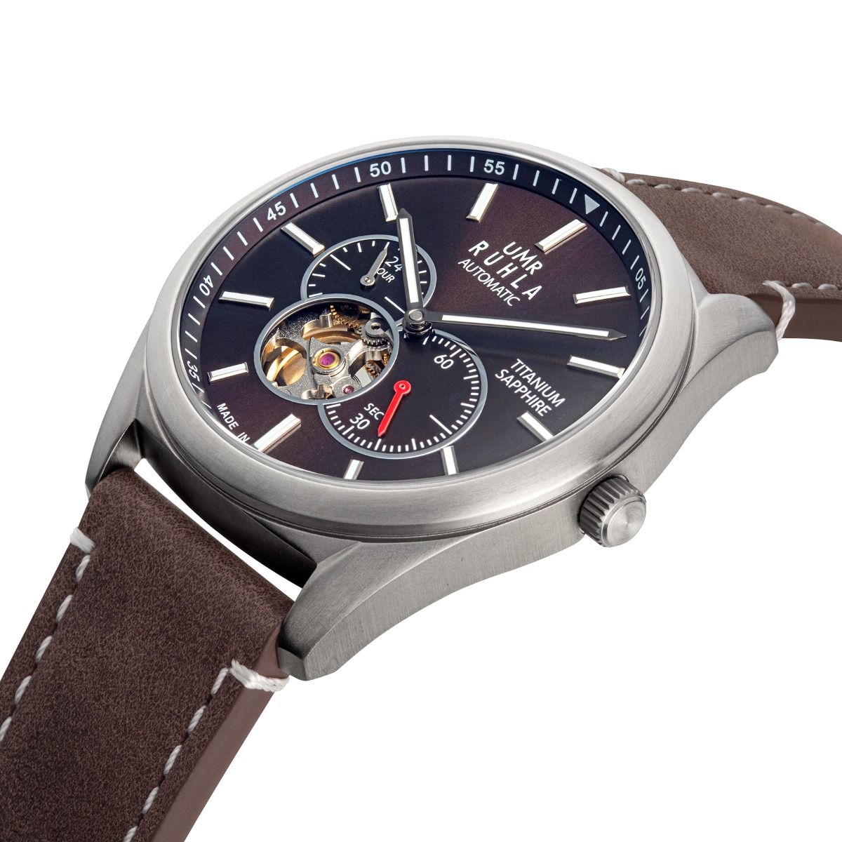 Montre automatique pour homme UMR Ruhla avec bracelet en cuir marron, cadran bleu et fond de boîte transparent