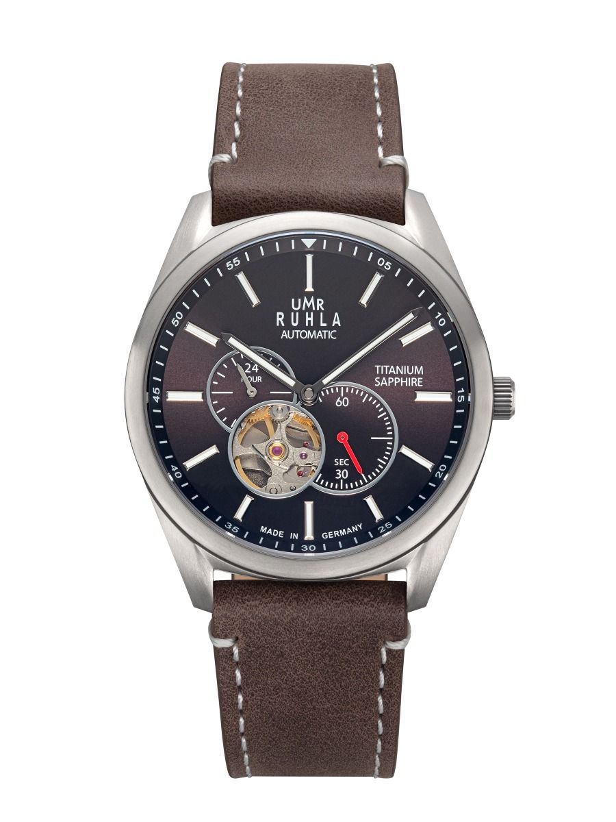 Montre automatique pour homme UMR Ruhla avec bracelet en cuir marron, cadran bleu foncé et compteurs additionnels