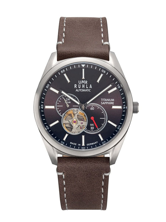 Montre automatique pour homme UMR Ruhla avec bracelet en cuir marron, cadran bleu foncé et compteurs additionnels