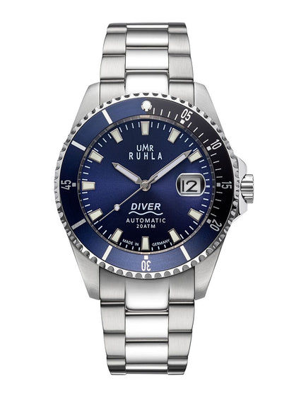 Montre automatique pour homme UMR Ruhla, cadran bleu, lunette de plongée, bracelet en acier inoxydable