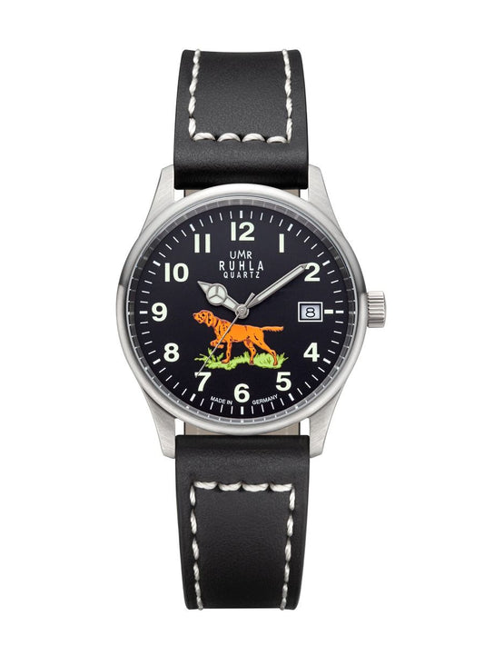 Montre pour homme avec bracelet en cuir noir et cadran rond noir orné d'un motif de chien de chasse