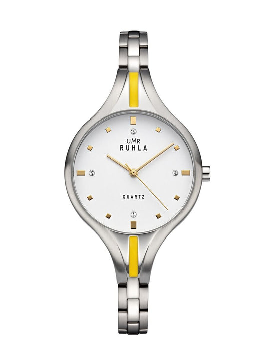 Montre pour femme, bracelet argenté, cadran blanc avec accents jaunes
