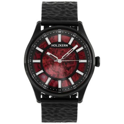 Holzkern Herrenuhr: schwarzes Gehäuse, rotes Zifferblatt, schwarzes Holzarmband.