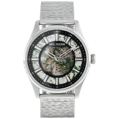 Holzkern Armbanduhr mit Edelstahlgehäuse, schwarzem Zifferblatt und beigem Holzarmband