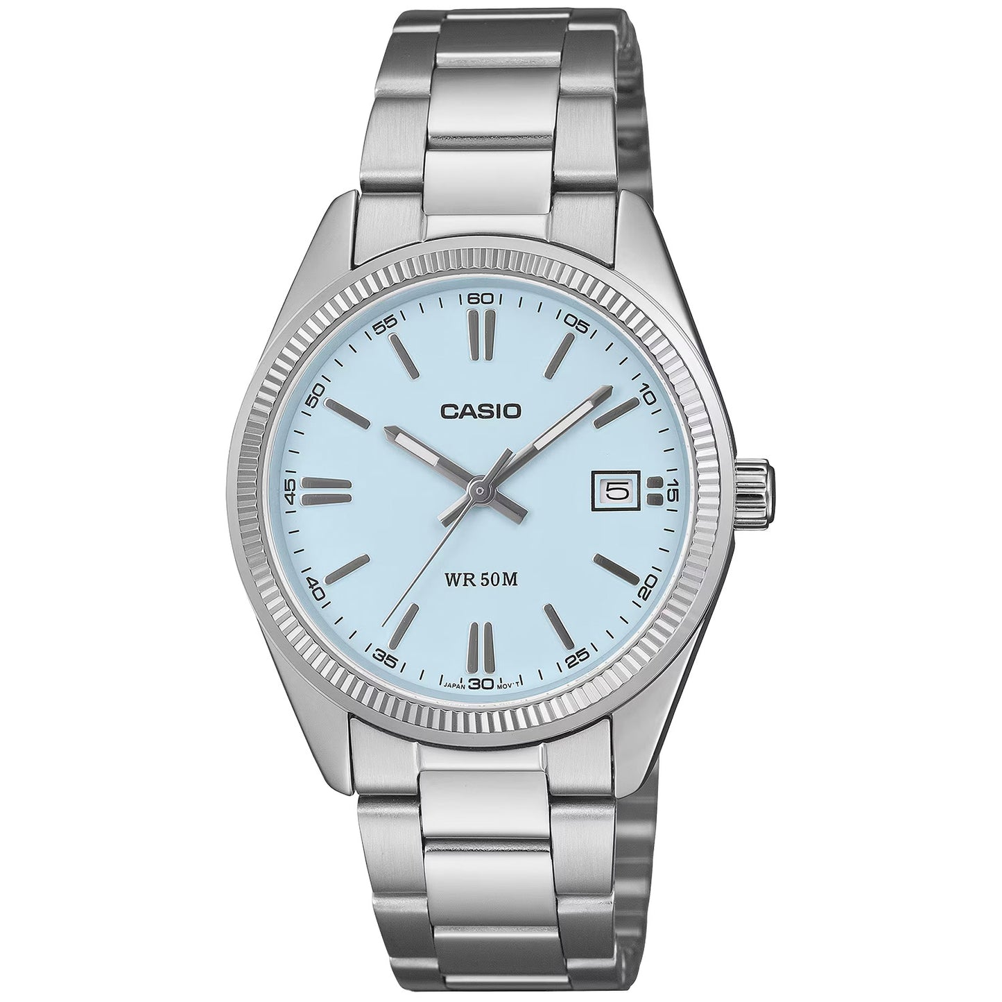 Casio Damenuhr mit blauem Zifferblatt, rundem Edelstahlgehäuse und Metallarmband
