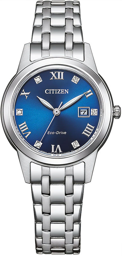 Citizen Damenuhr mit Eco-Drive: Edelstahlgehäuse, blaues Zifferblatt mit römischen Zahlen