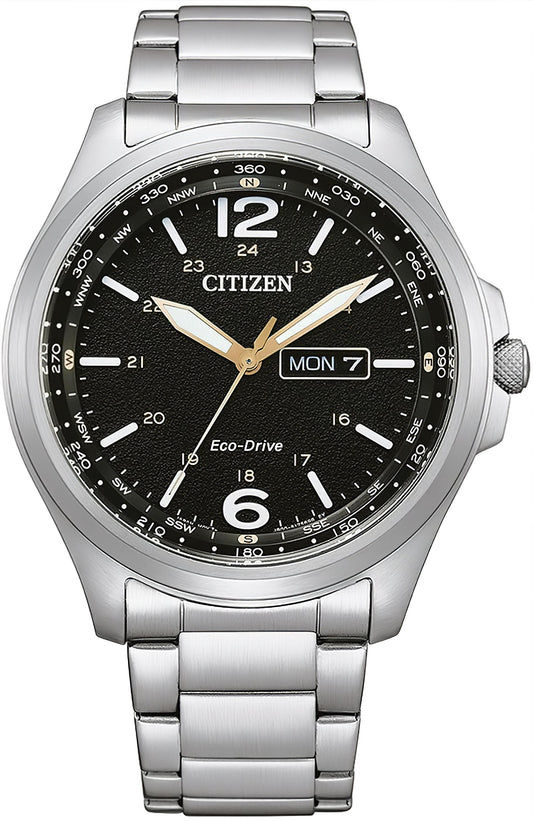 Herrenarmbanduhr Citizen Eco-Drive aus Edelstahl mit schwarzem Zifferblatt und Datumsanzeige